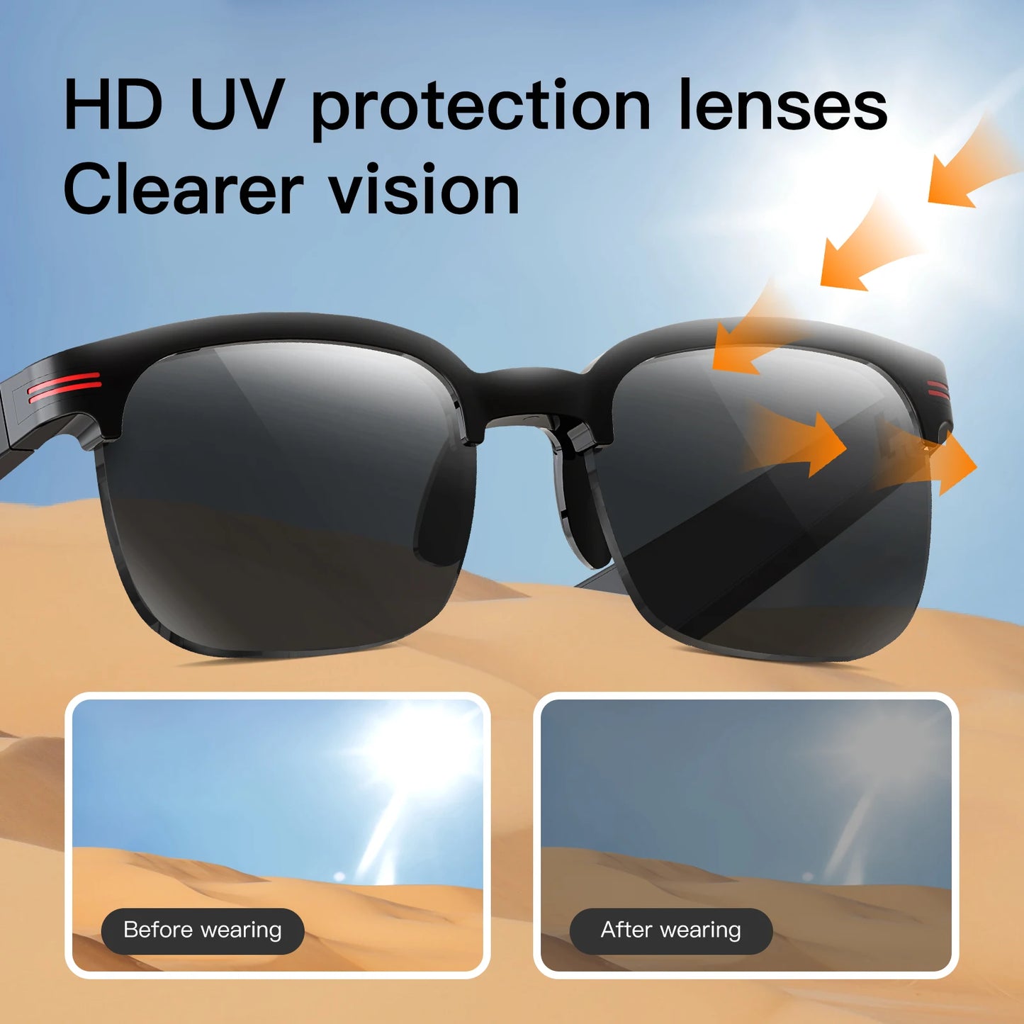New GS200 Smart Glasses Wireless Call Music Playback Half Frame Sunglasses with Blue Light UV Protection IP67 Waterproof