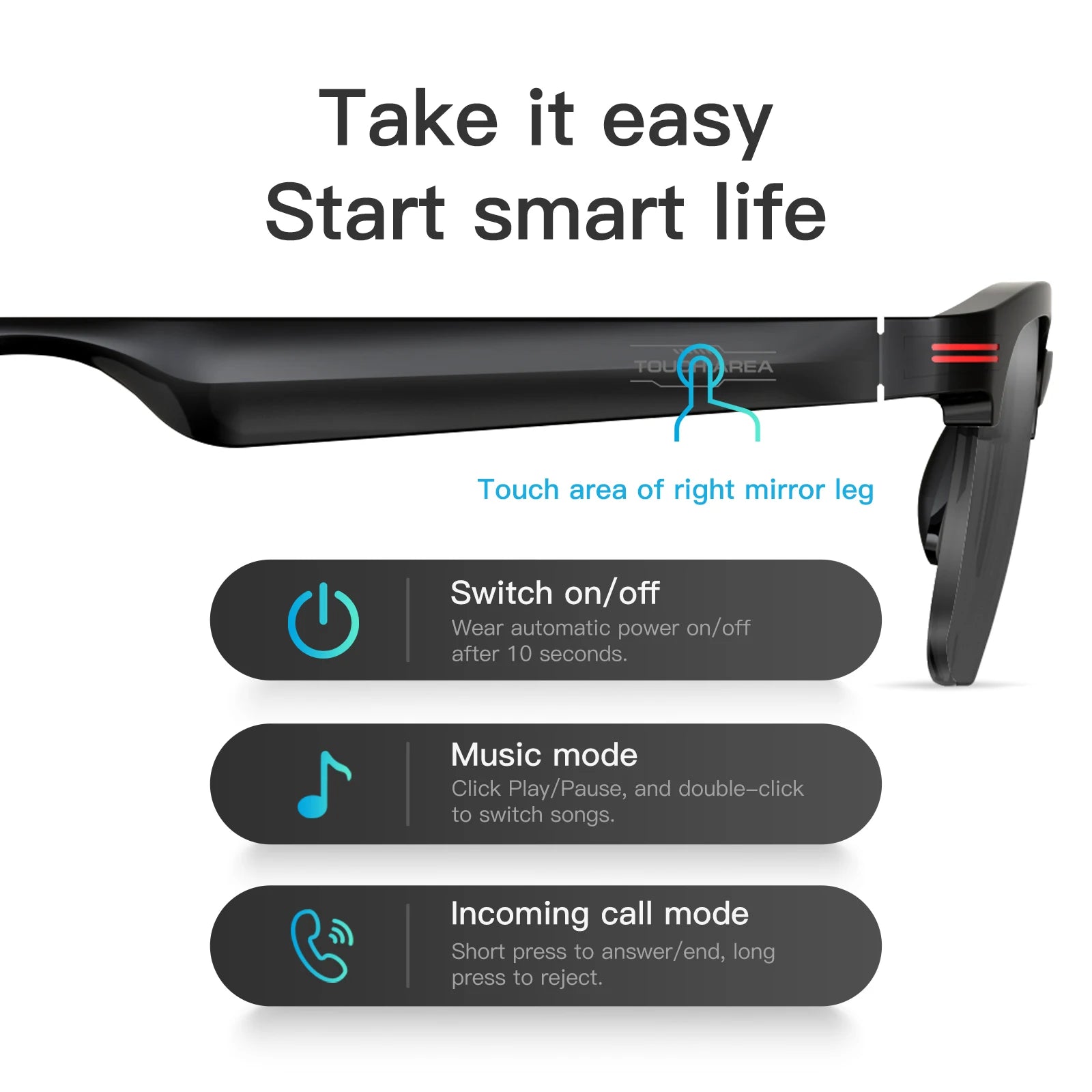 New GS200 Smart Glasses Wireless Call Music Playback Half Frame Sunglasses with Blue Light UV Protection IP67 Waterproof